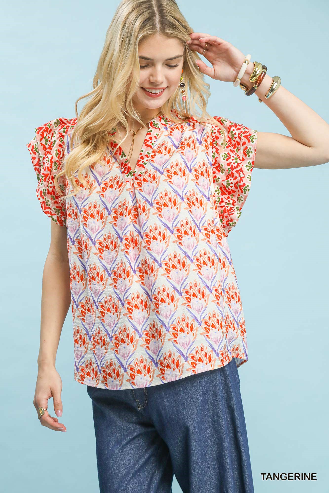 Double Frill Sleeve Floral Blouse