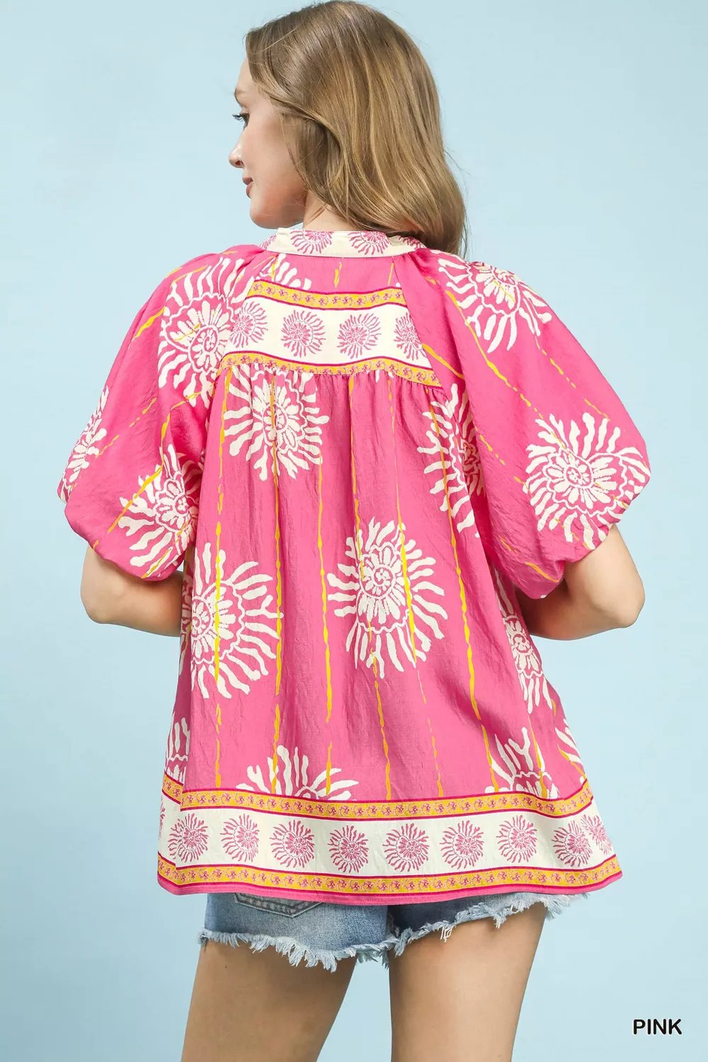 Floral Border Smocked V-Neck Boho Blouse, image 3