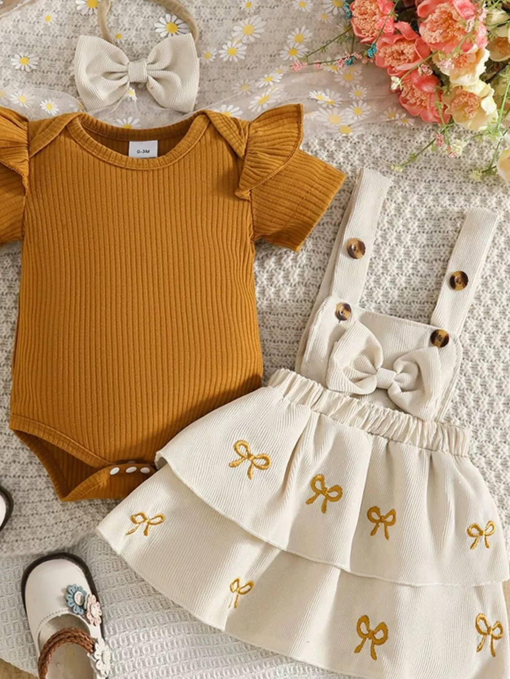 Children's Ribbed Top & Bow Decor Suspender Dress & Headband Set, image 2