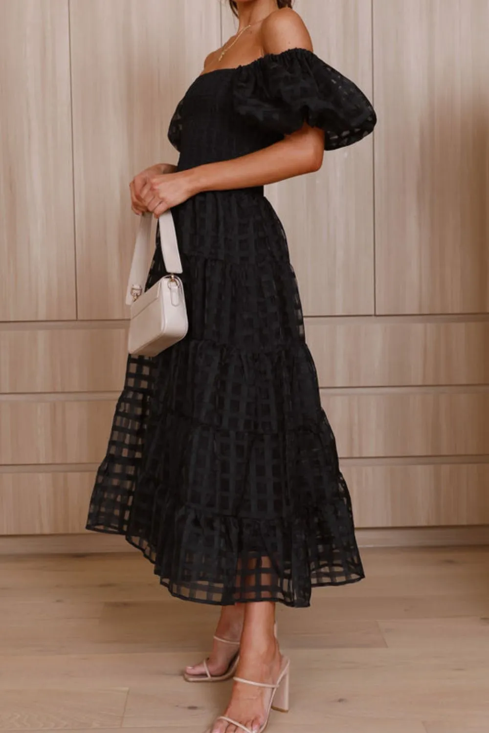 Off Shoulder Short Puff Sleeve Midi Dress, image 21