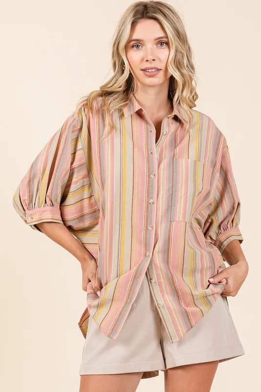 Striped Bubble Sleeve Button Down Shirt