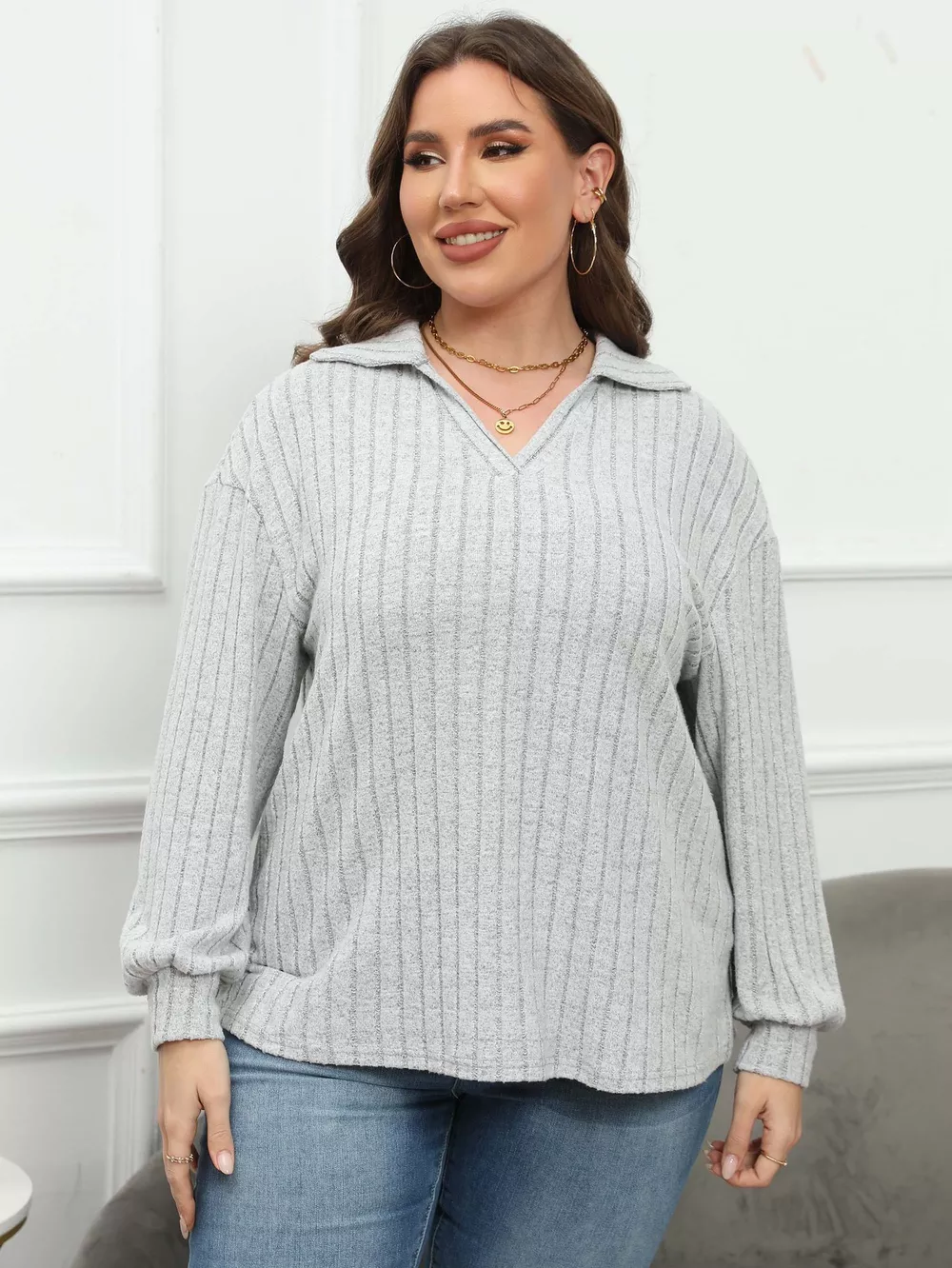 Plus Size Ribbed Knit Polo Collar T-Shirt, image 12