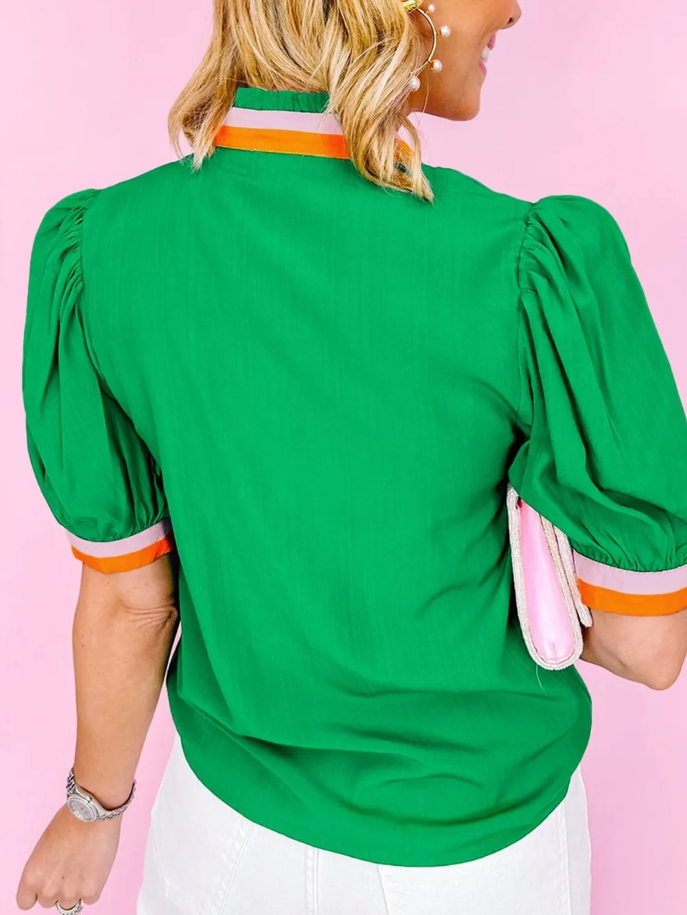 Carrot Colorful Trim V Neck Short Sleeve Blouse, image 7