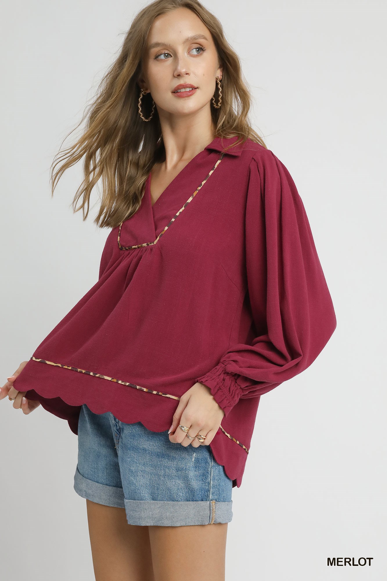 Full Size Linen Scallop Hem Blouse with Contrast Trim Plus Size, image 6