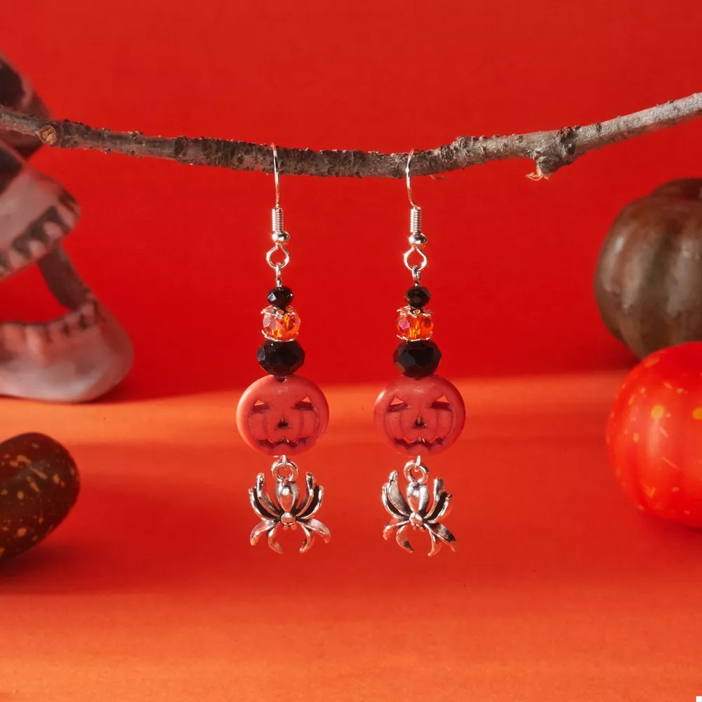 Halloween Spider Pumpkin Drop Earrings, image 3
