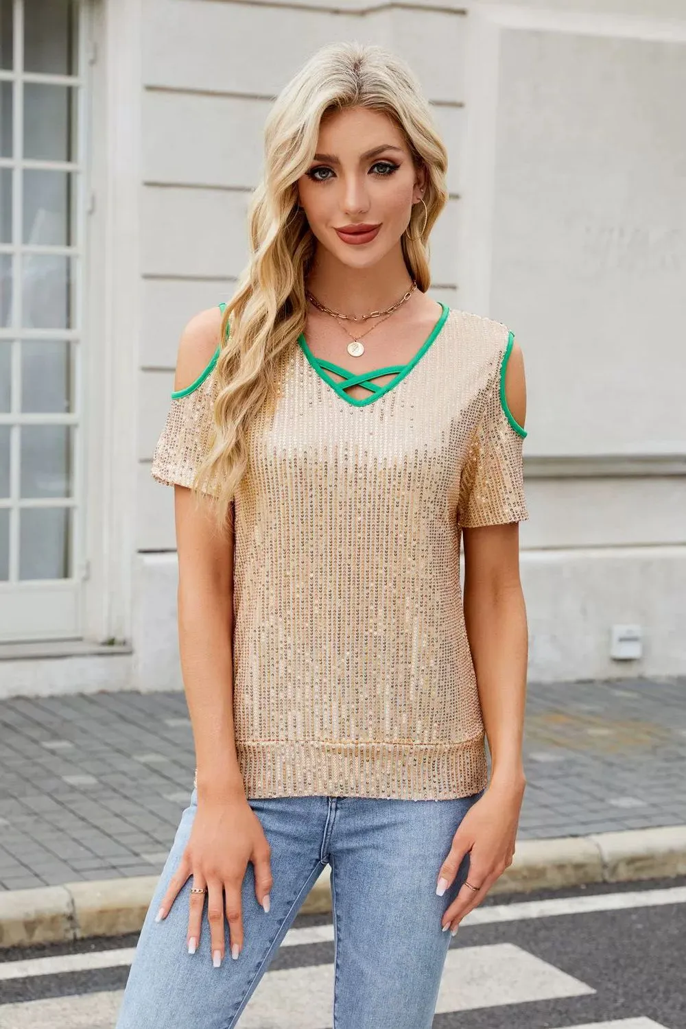 Sequin Crisscross V-Neck Cold Shoulder Blouse, image 12