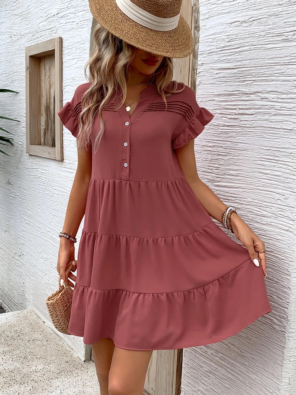 Tiered Notched Flounce Sleeve Mini Dress, image 4