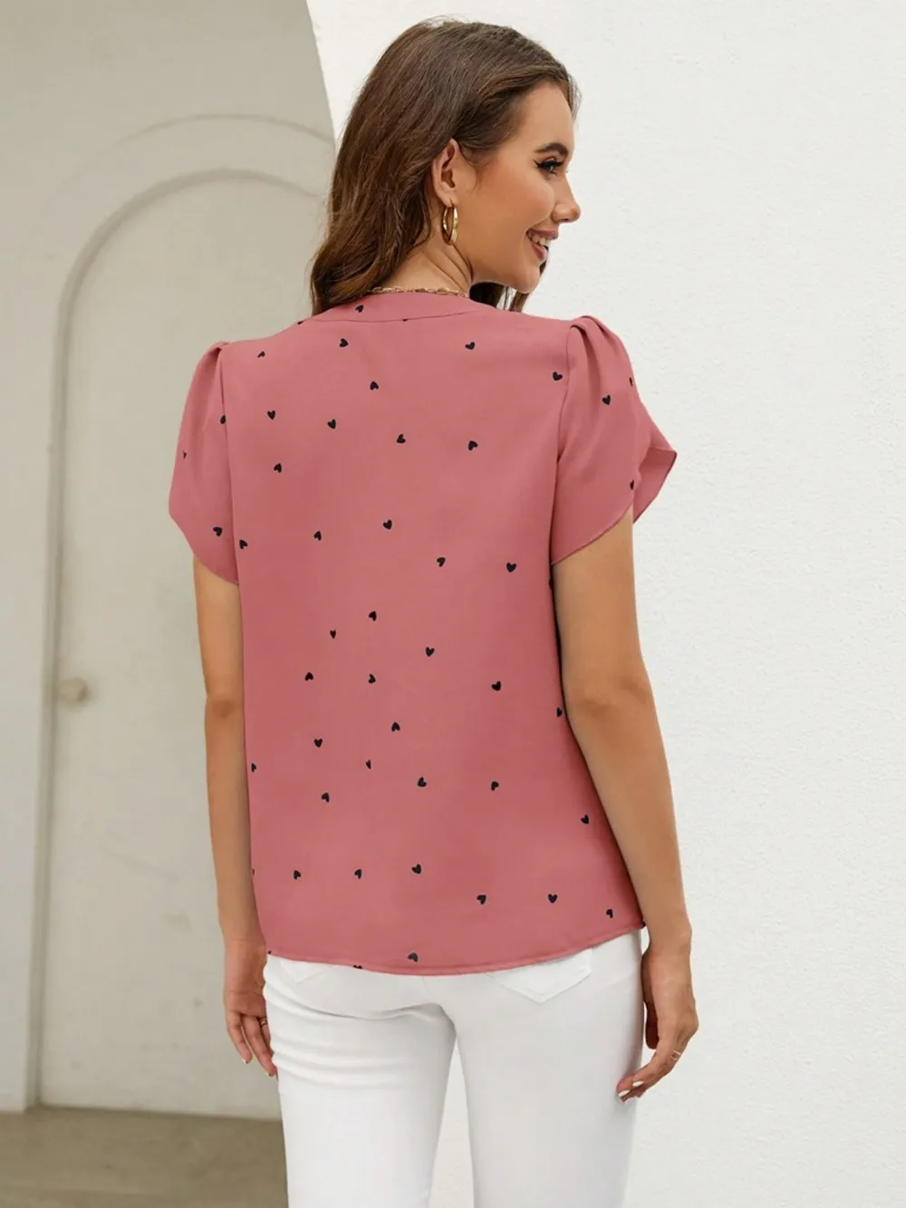 Heart Print Notched Petal Sleeve Blouse, image 16