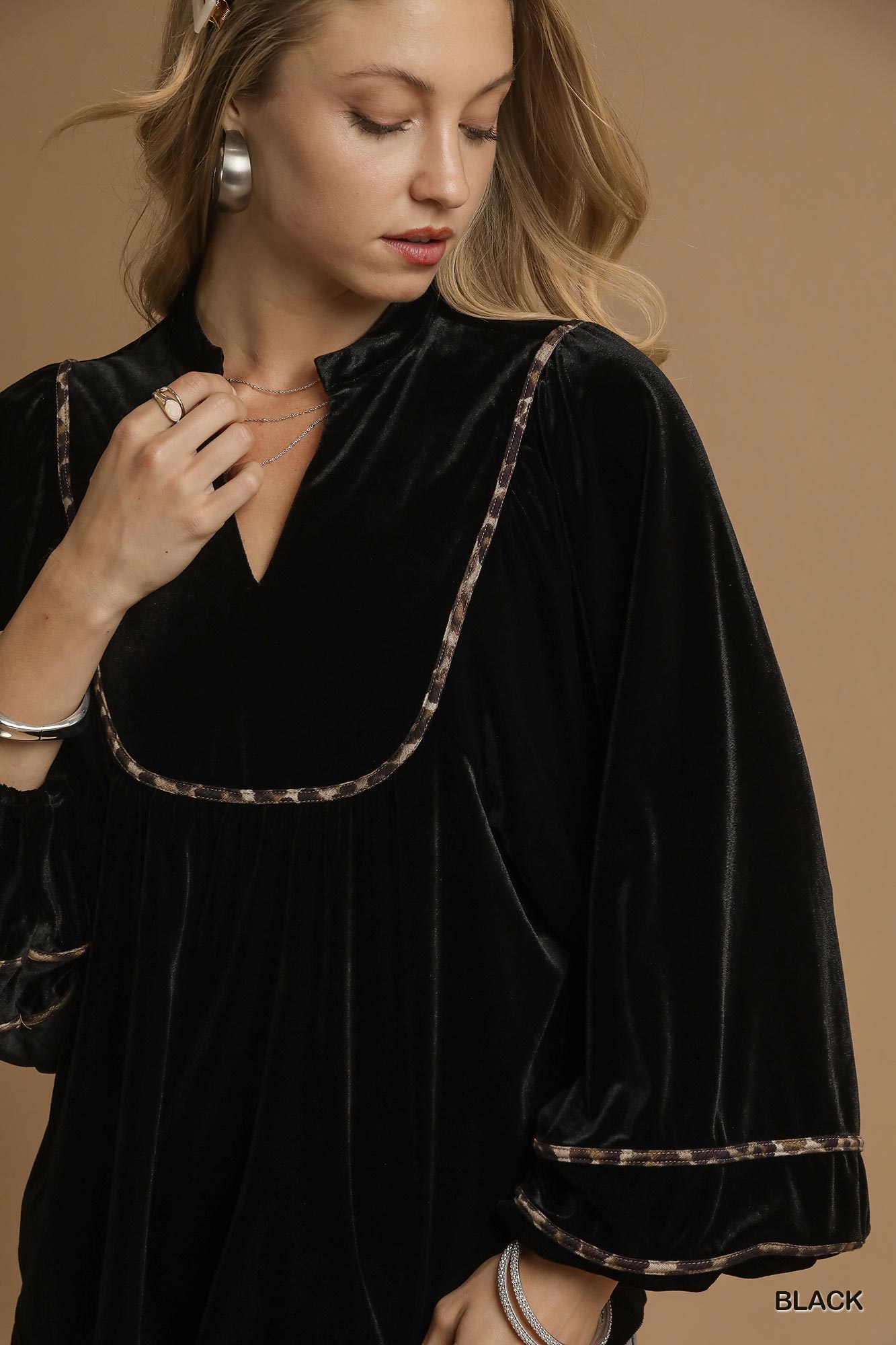 Velvet Long Sleeve Blouse with Contrast Trim, image 2