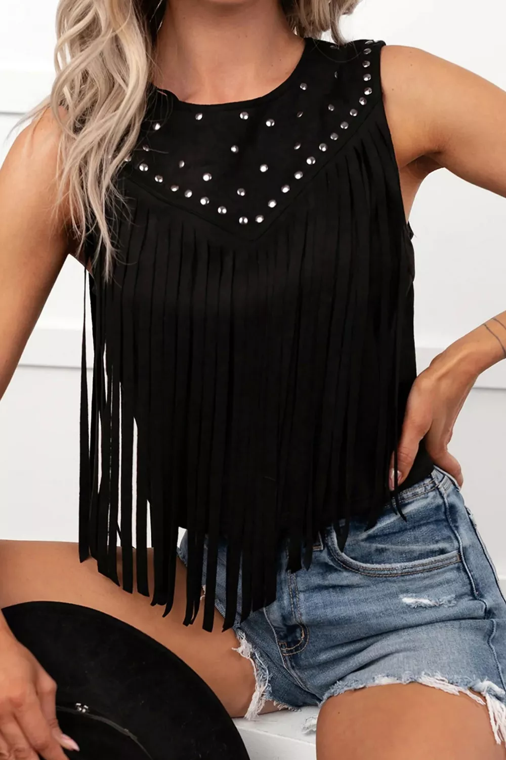 Western Fringe Rivet Paneling Bust Sleeveless Top, image 7