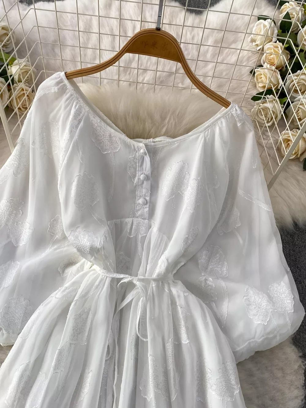 Button Front Puff Sleeve Chiffon Dress, image 13
