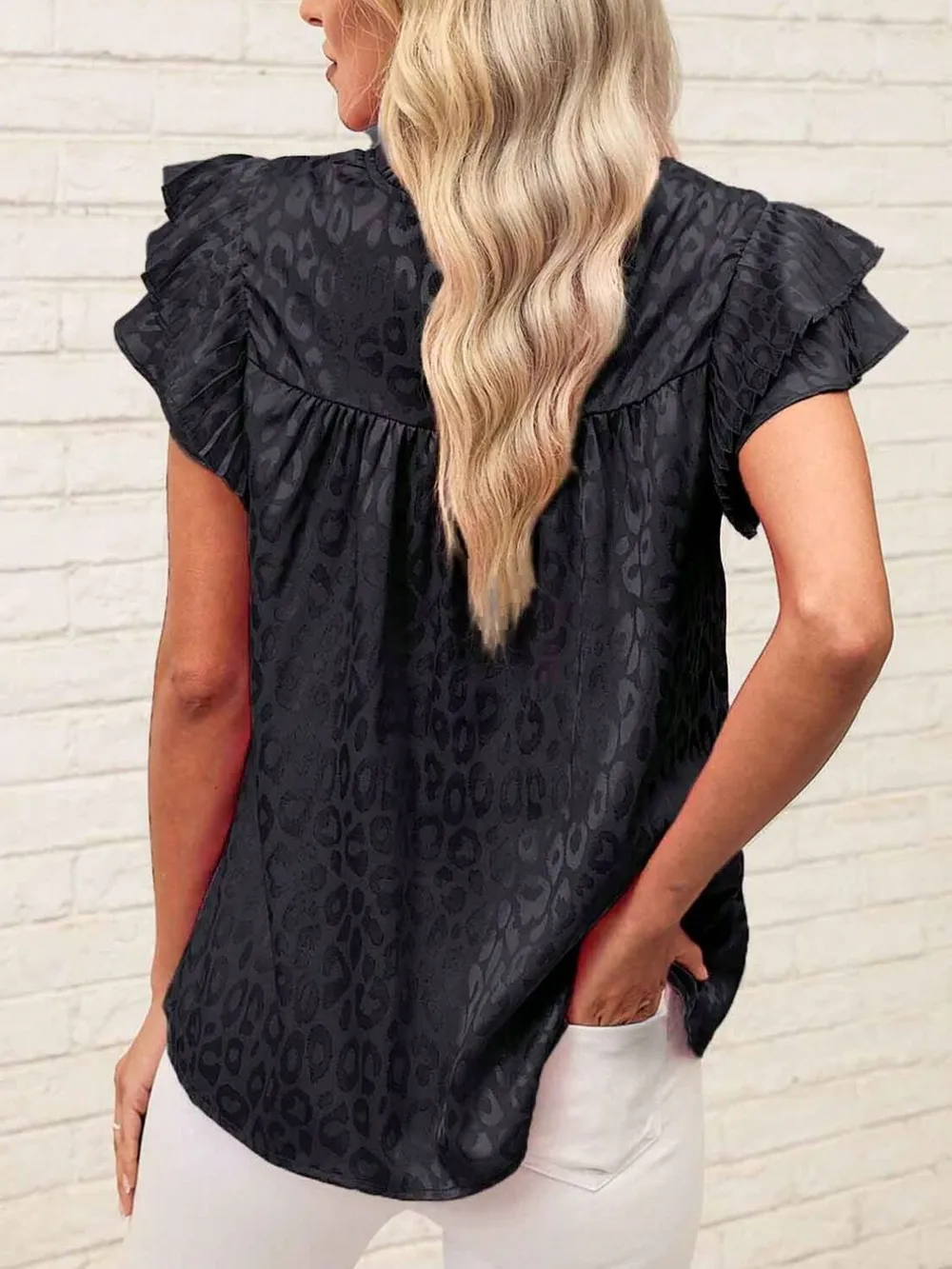 Leopard Frill Mock Neck Ruffled Cap Sleeve Top, image 8