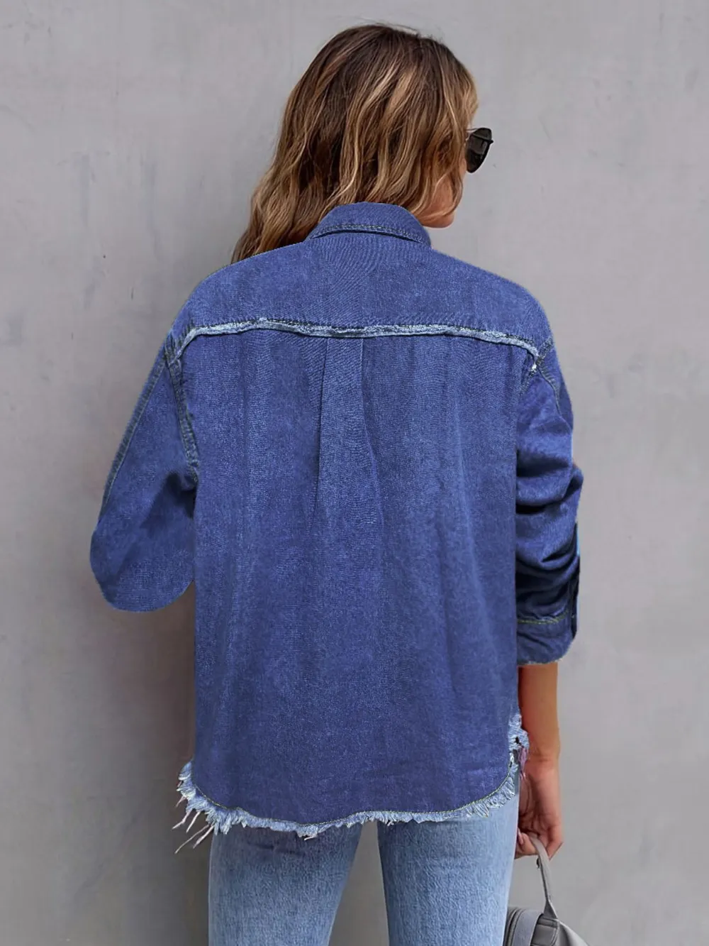 Pocketed Collared Neck Long Sleeve Denim Shirt, image 3