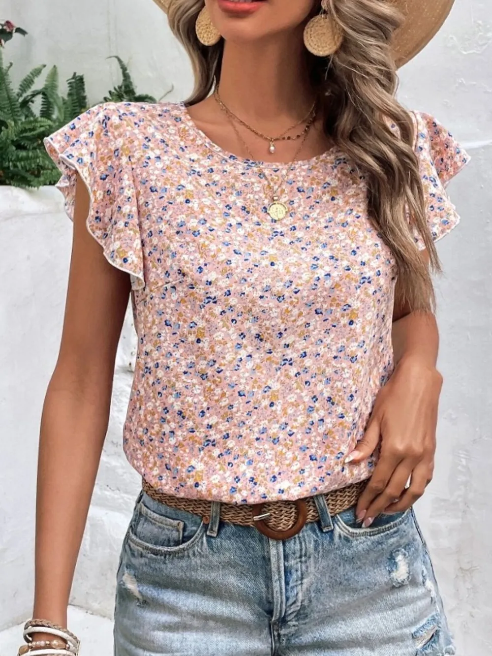 Ditsy Floral Round Neck Cap Sleeve Top, image 8