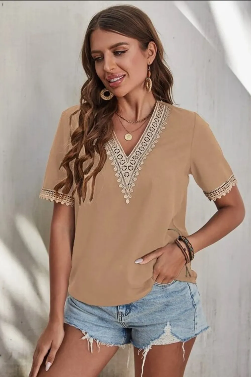 Full Size Lace Detail V-Neck Short Sleeve Blouse Plus Size, image 11