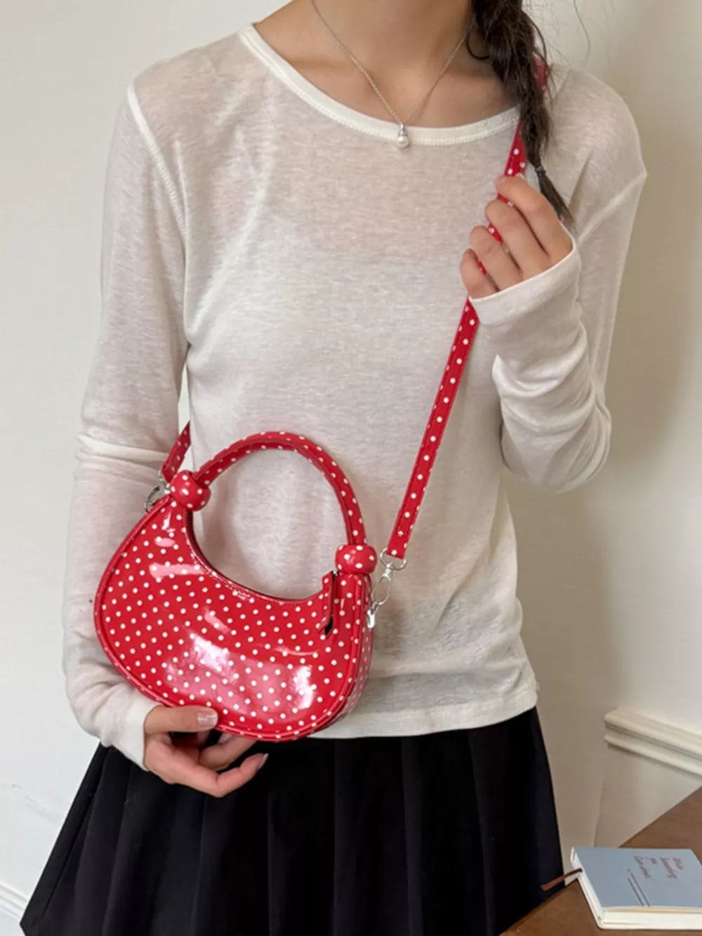 Polka Dot Crescent Crossbody Bag, image 6
