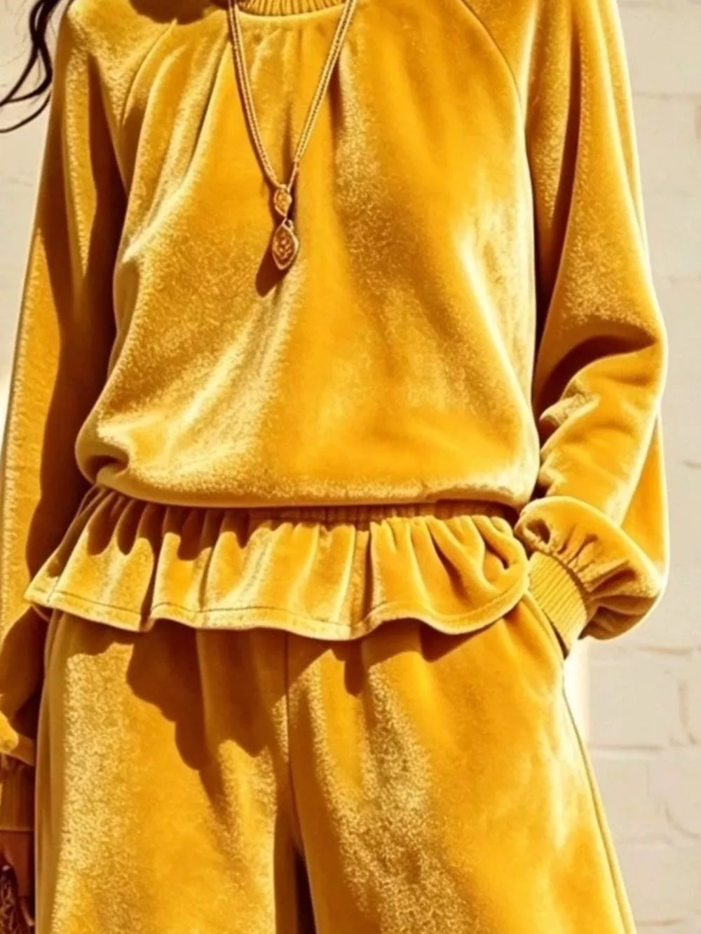 Velvet Peplum Top and Wide-Leg Pants Set, image 6