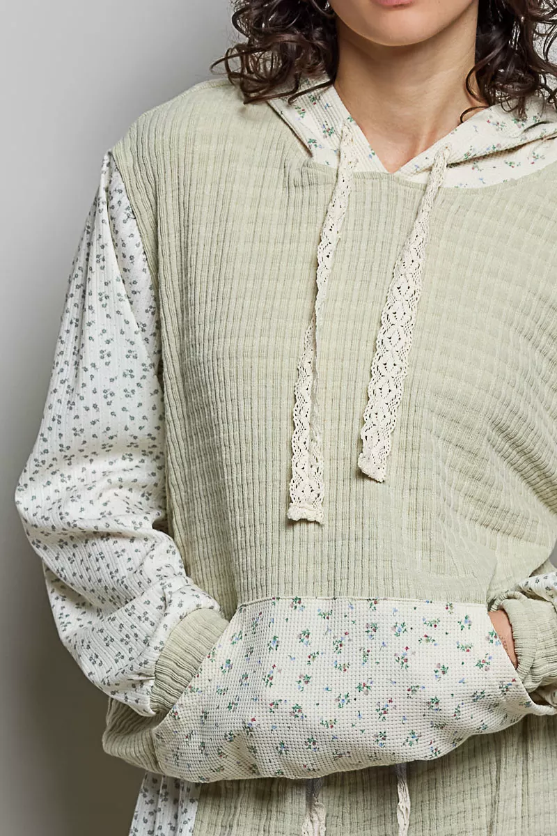 POL Mixed Knit Contrast Print Sleeve Hoodie with Kangaroo Pocket, image 6
