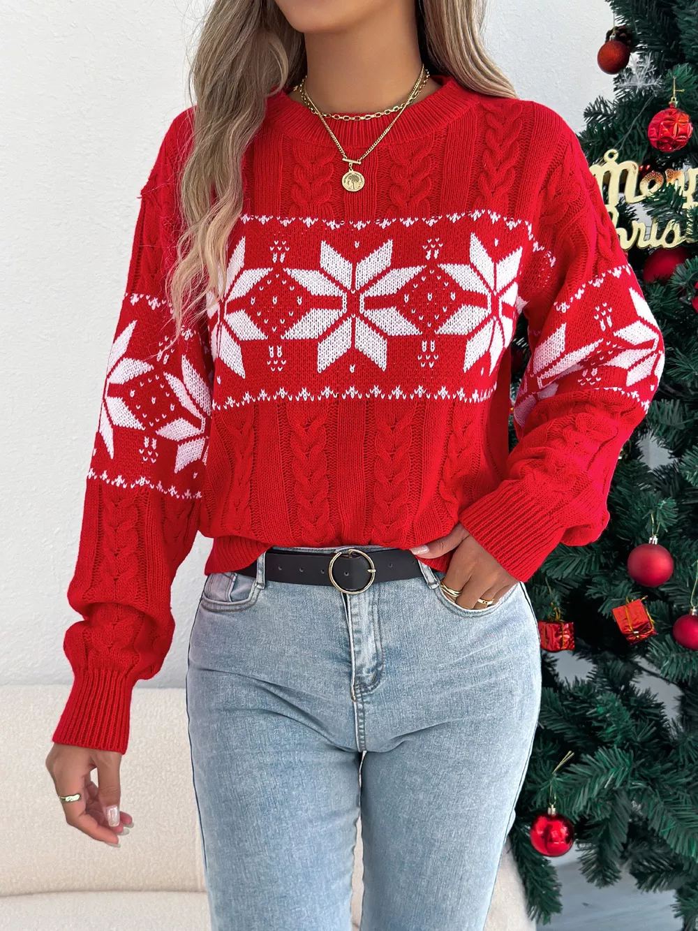Christmas Snowflake Cable Knit Sweater, image 9
