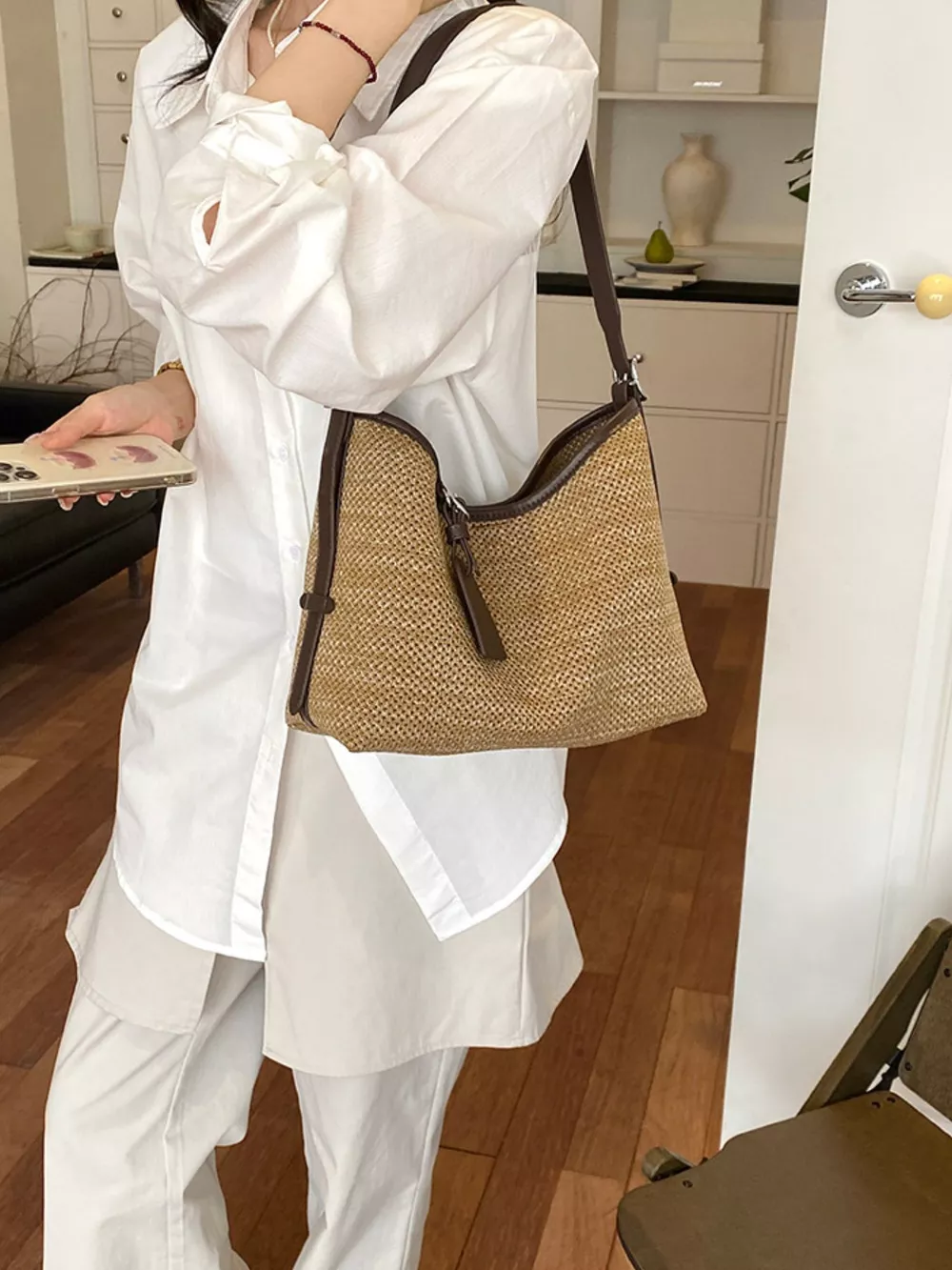Leather Trim Woven Shoulder Bag, image 3