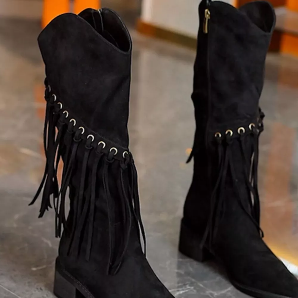 Fringed Point Toe Block Heel Boots, image 8