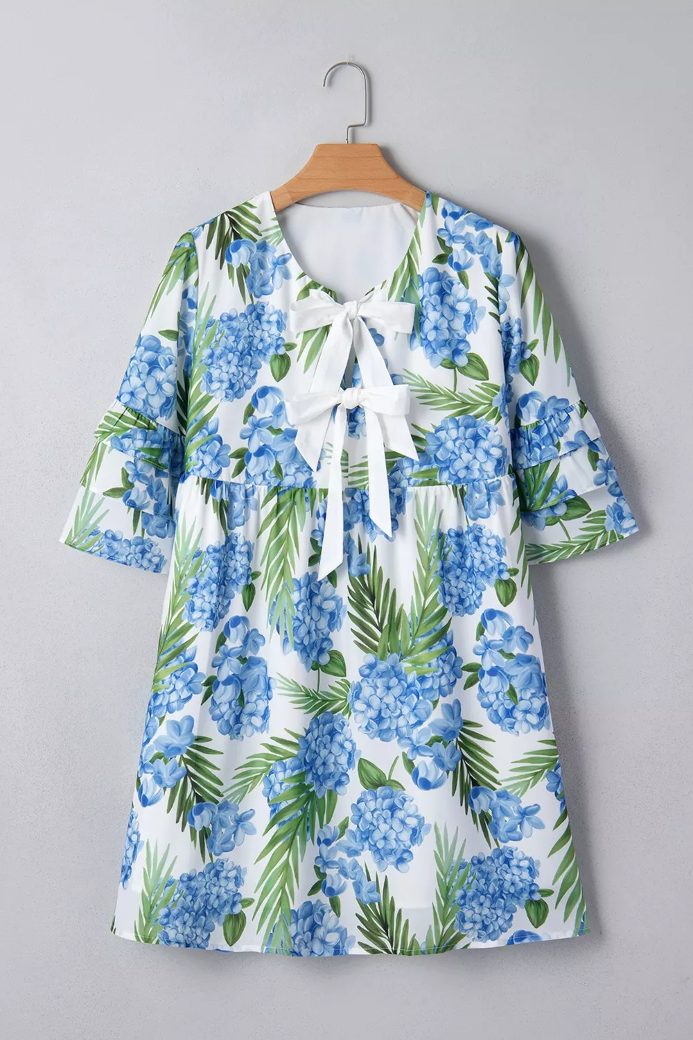 Palm Floral Print Contrast Ribbon Knot Ruffle Tiered Sleeve Mini Dress, image 3