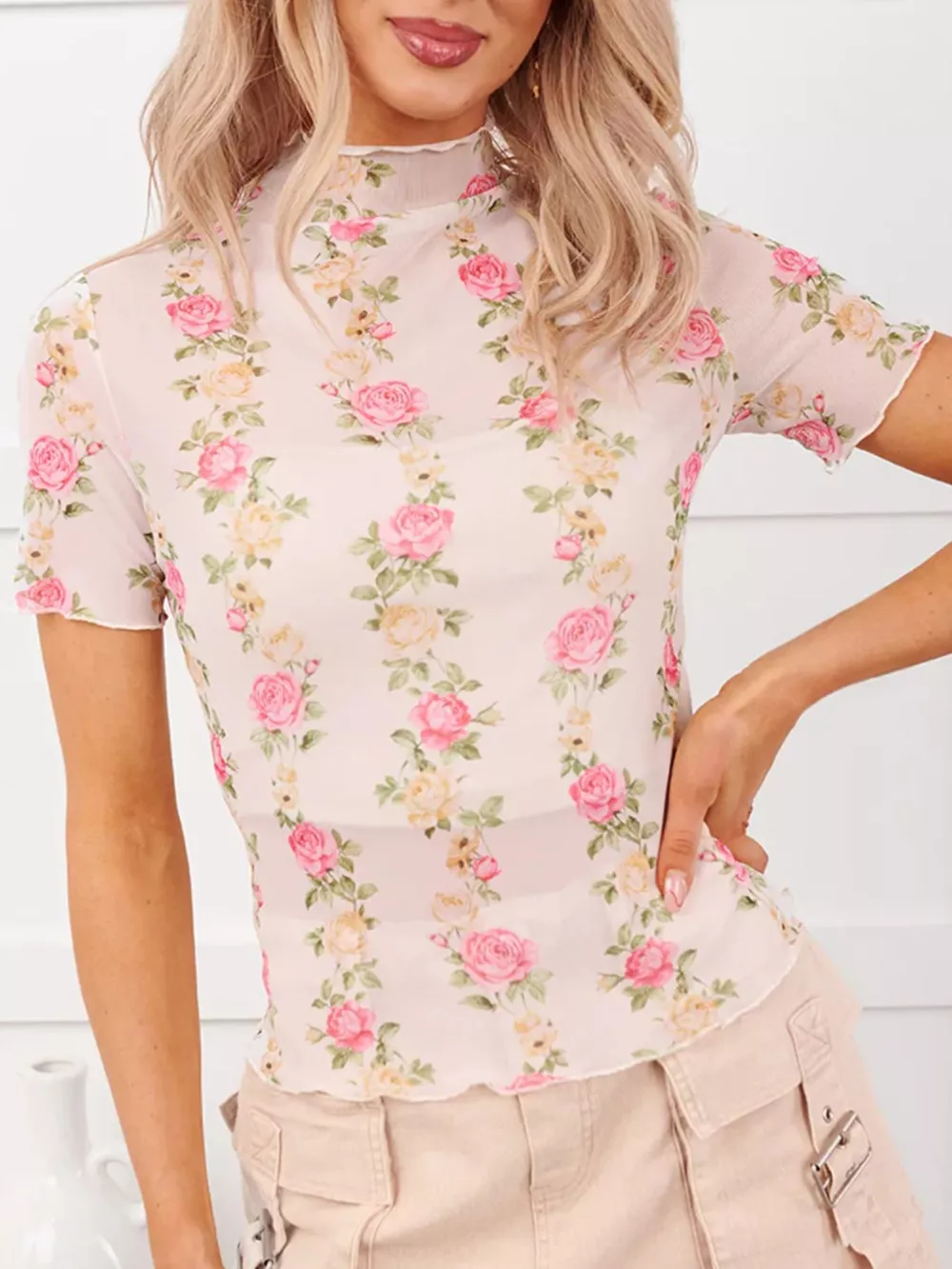 Floral Print Sheer Mesh Top, image 3