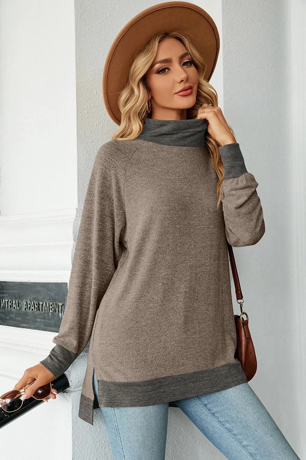 Slit Mock Neck Long Sleeve T-Shirt, image 17