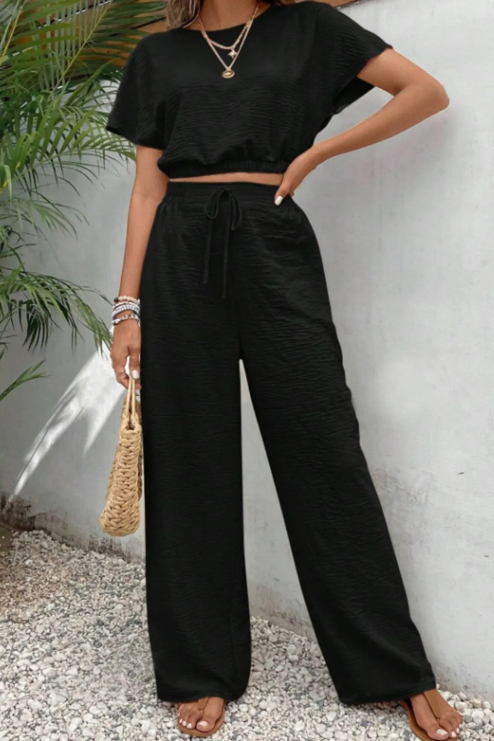 Round Neck Short Sleeve Top and Pants Set, image 9