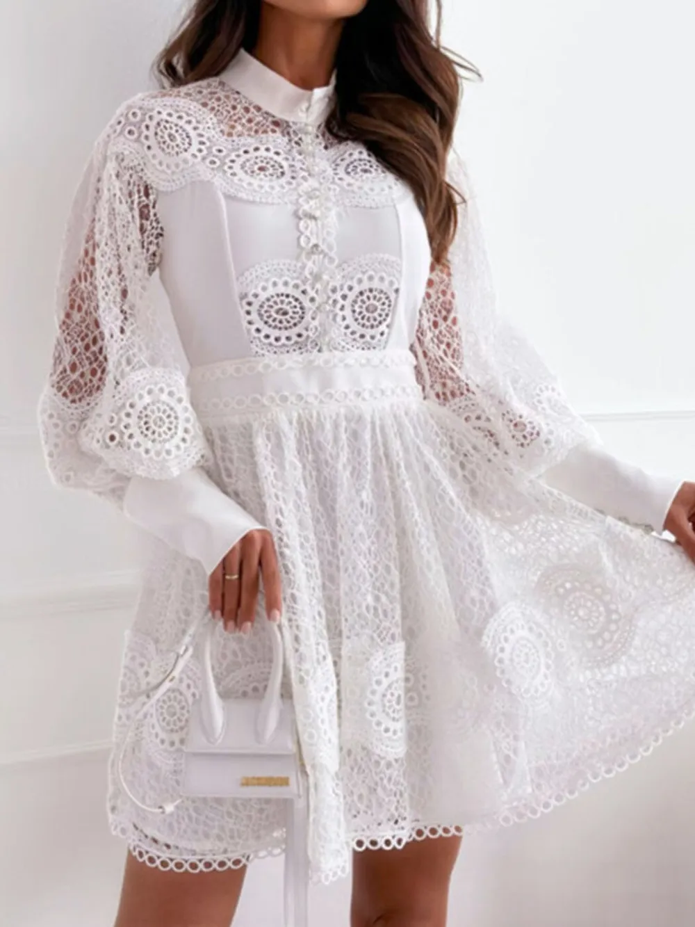 Lace Lantern Sleeve Mini Dress, image 16