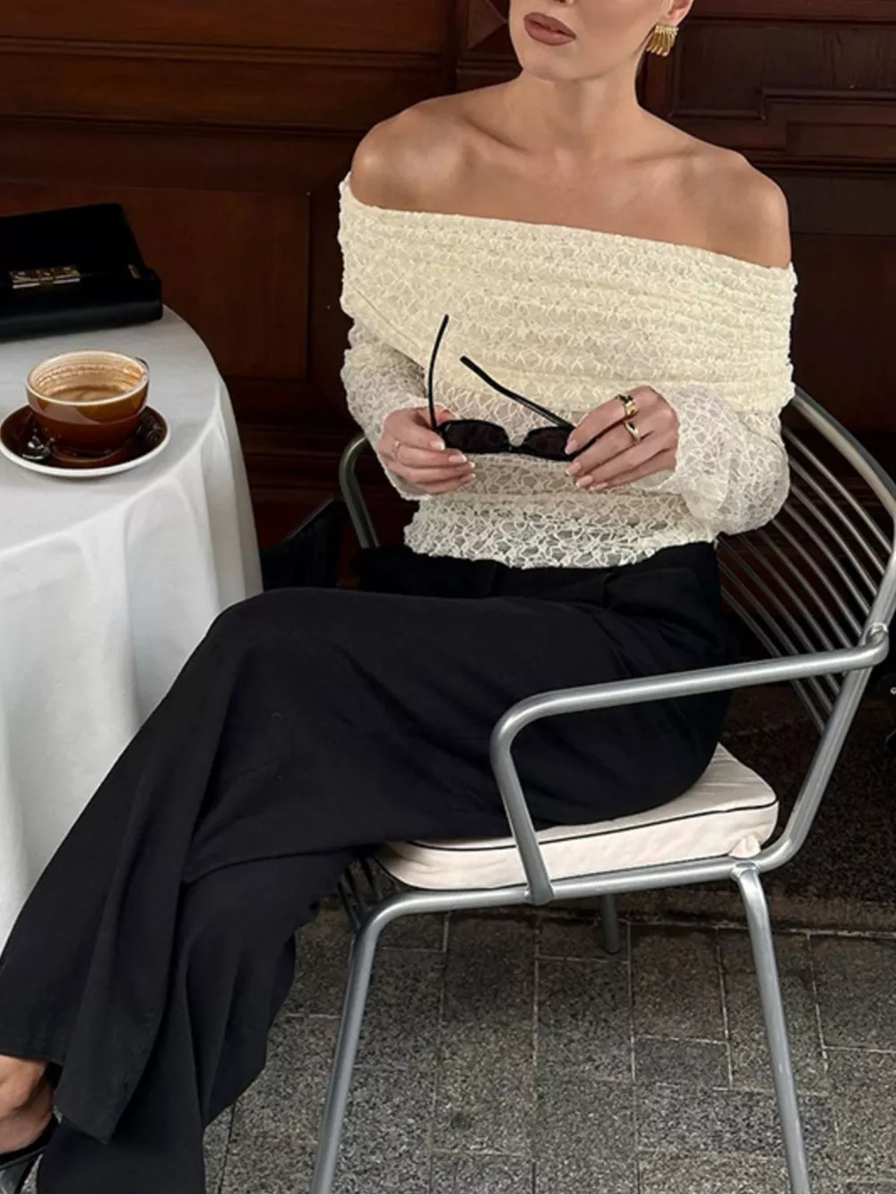 Off Shoulder Long Sleeve Lace Top, image 6