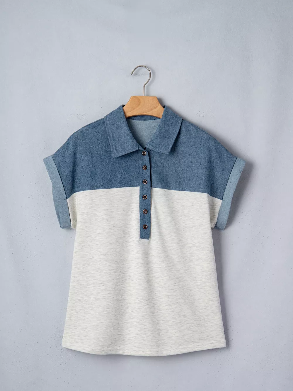 Color Block Denim Patchwork Button Polo Collar Short Sleeve Top, image 6