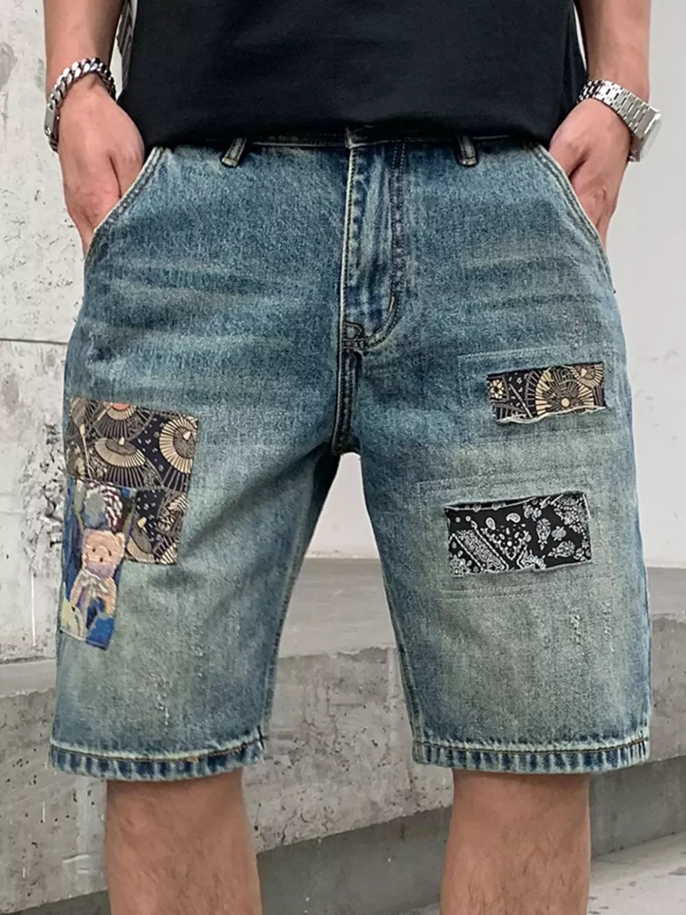 Men's Patchwork Graphic Denim Shorts, image 7
