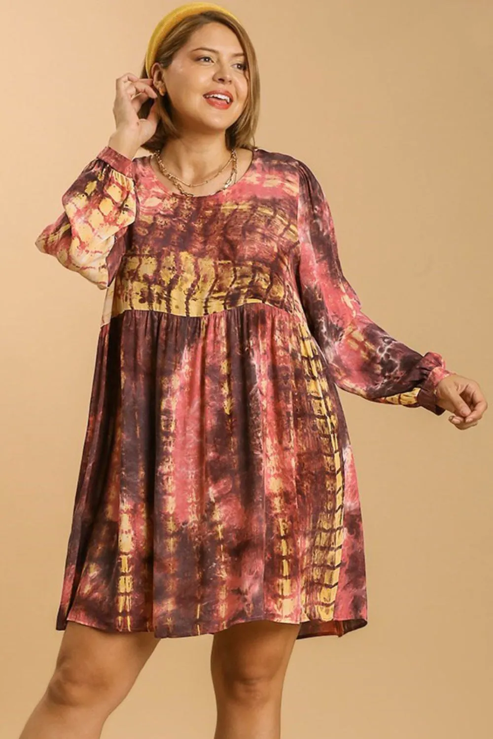 Full Size Tie Dye Long Sleeve Babydoll Dress with Keyhole Plus Size, image 4
