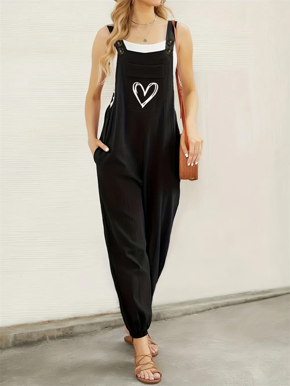 Heart Square Neck Wide Strap Overalls, image 3