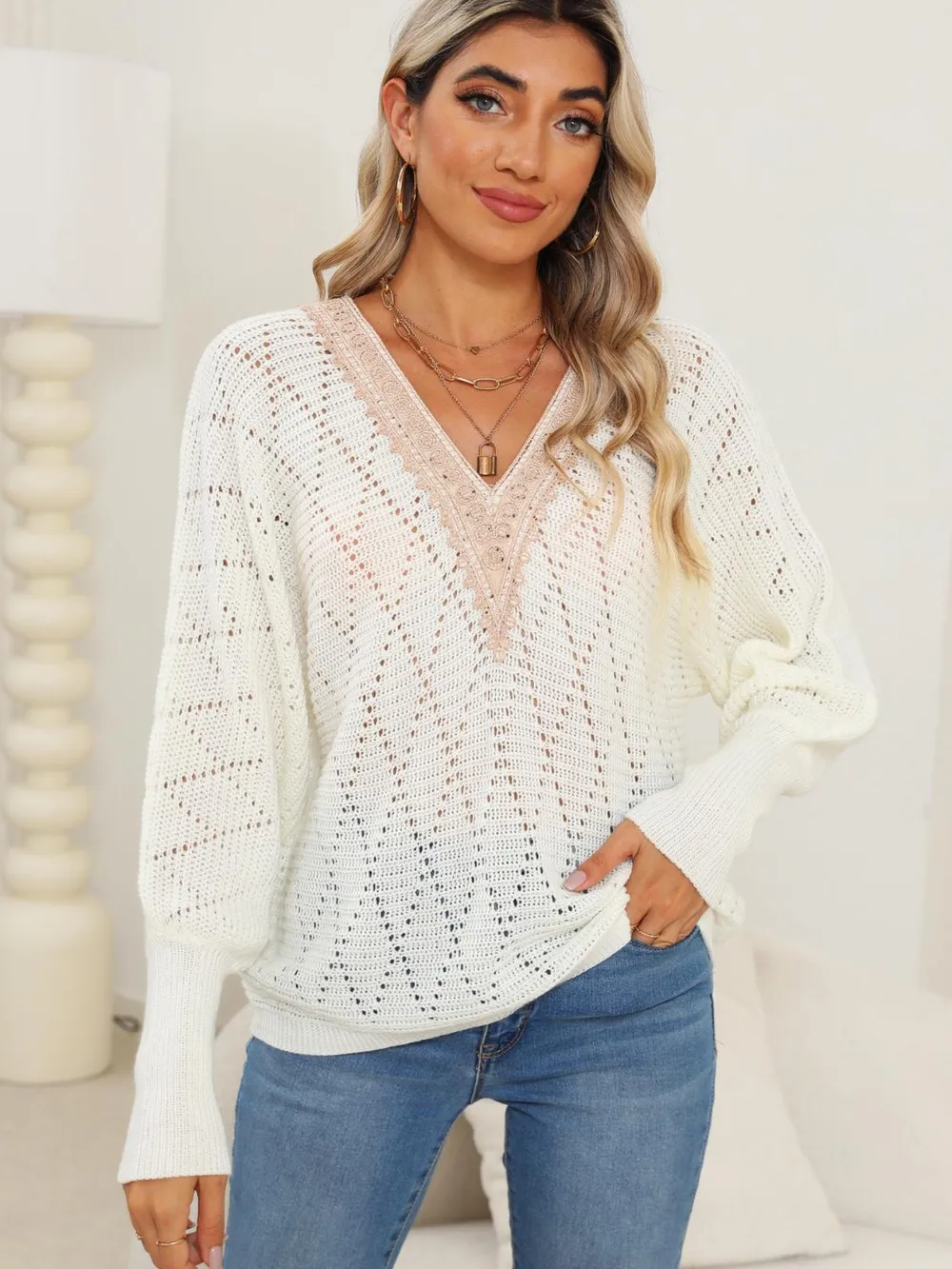 Lace Detail V-Neck Long Sleeve Sweater, image 13
