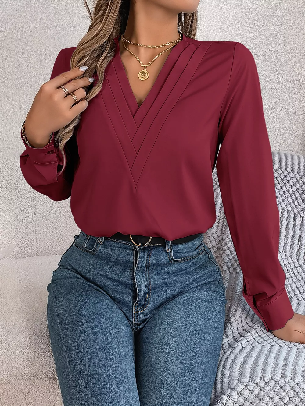 Layered V-Neck Long Sleeve Blouse, image 26