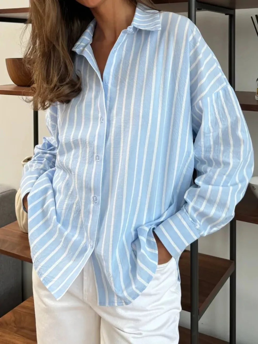 Button Down Striped Collared Neck Long Sleeve Shirt, image 7