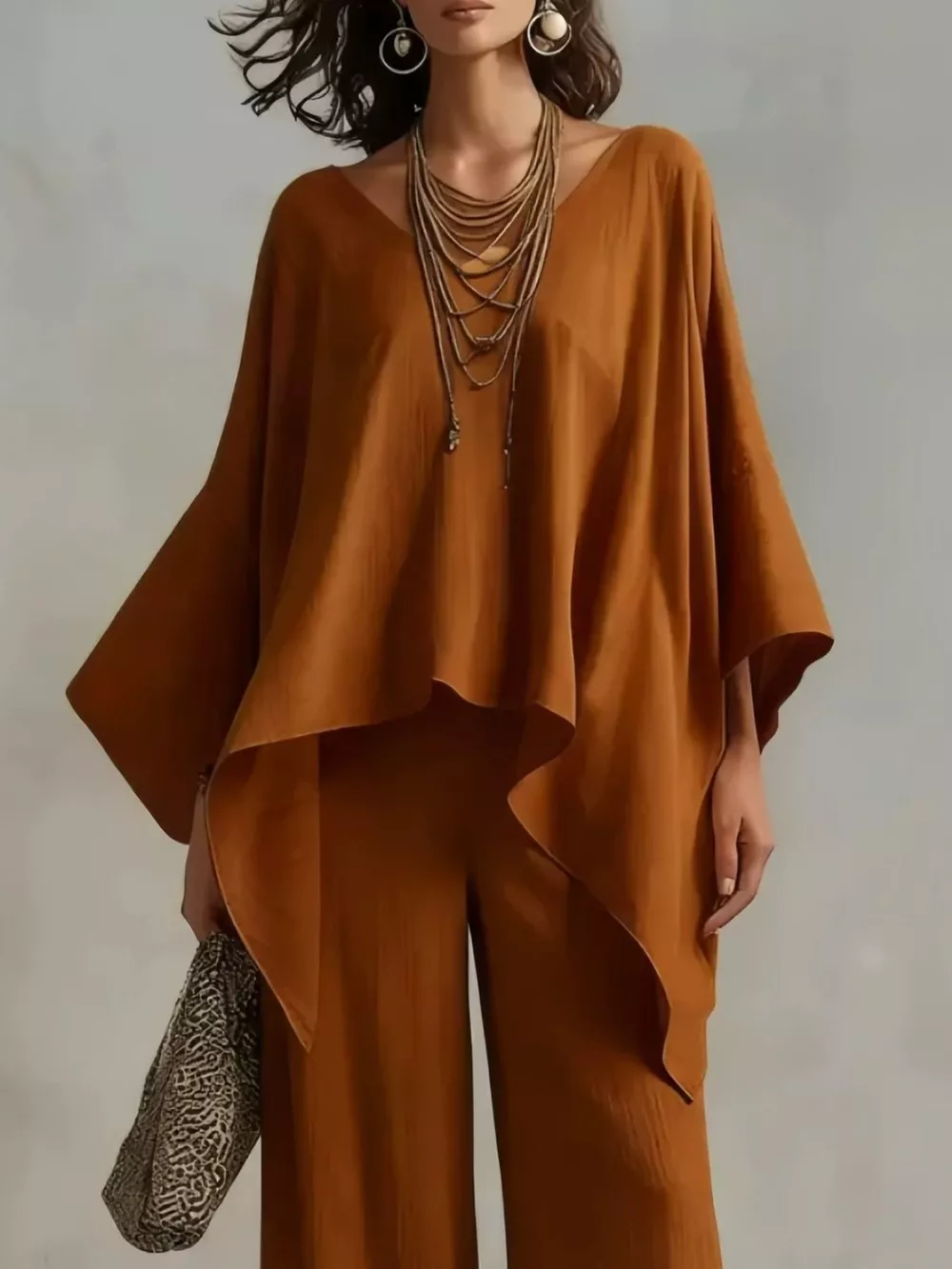 Full Size V-Neck Batwing Sleeve Top and Wide-Leg Pants Two-Piece Set Plus Size, image 4