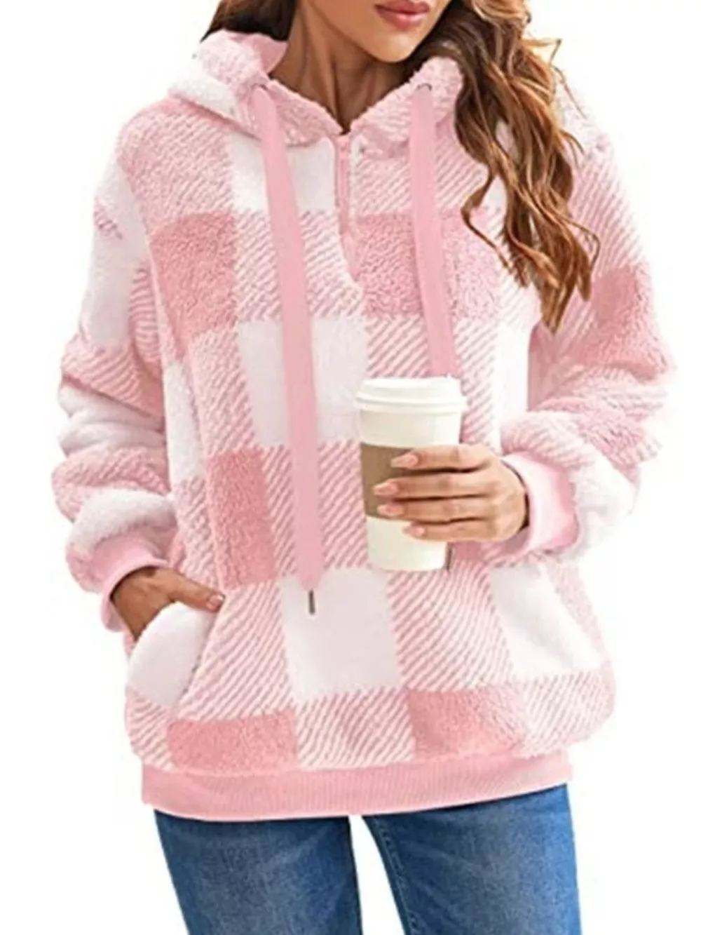 Full Size Plaid Sherpa Drawstring Hoodie Plus Size, image 16