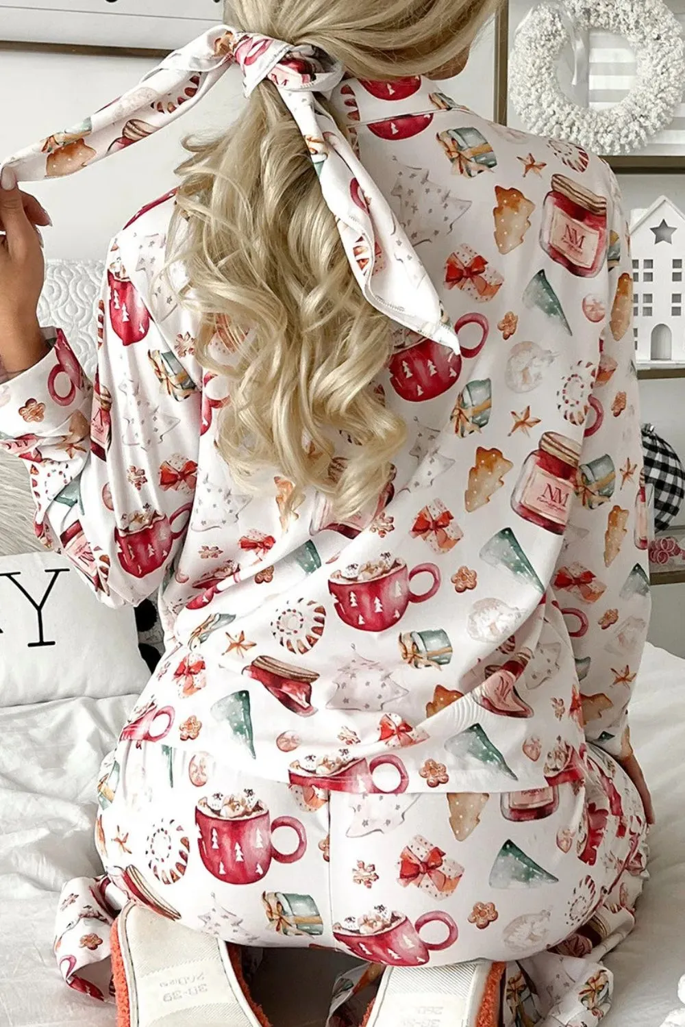 Printed Collared Neck Top and Pants Lounge Set, image 5