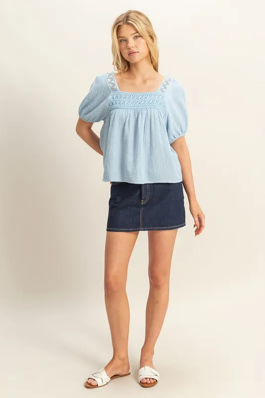 Crochet Detail Puff Sleeve Peasant Top, image 4