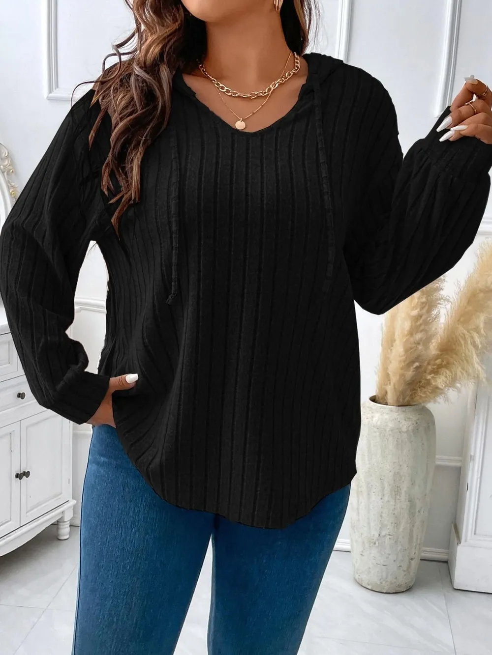 Plus Size Drawstring Dropped Shoulder Hooded T-Shirt, image 2