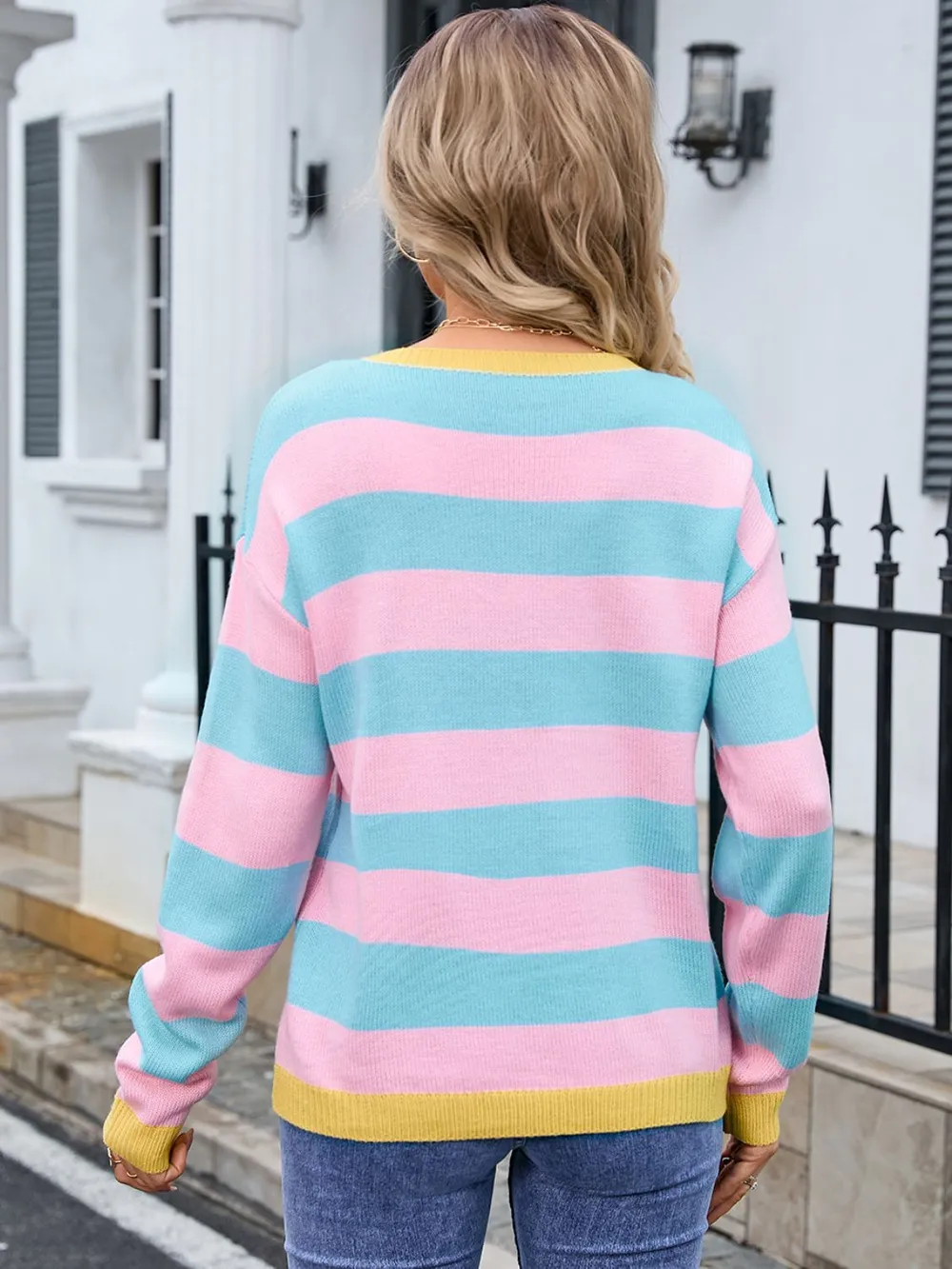 Striped Round Neck Dropped Shoulder Sweater, image 5