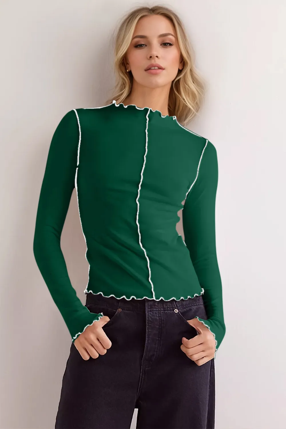 Contrast Trim Mock Neck Long Sleeve T-Shirt, image 10