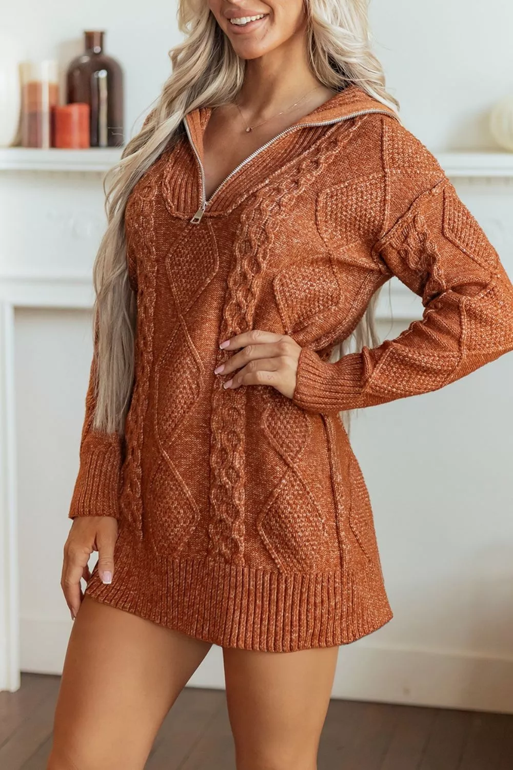 Zip-Up Cable Knit Drop Shoulder Sweater Dress, image 6
