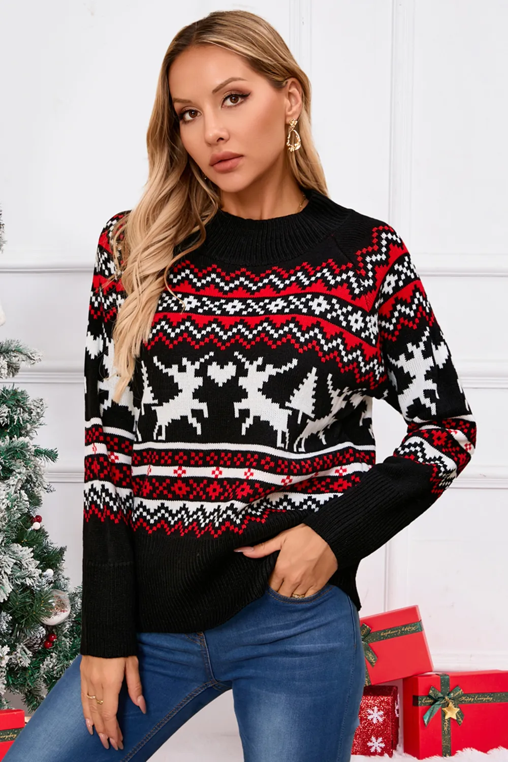 Reindeer Round Neck Long Sleeve Sweater, image 7