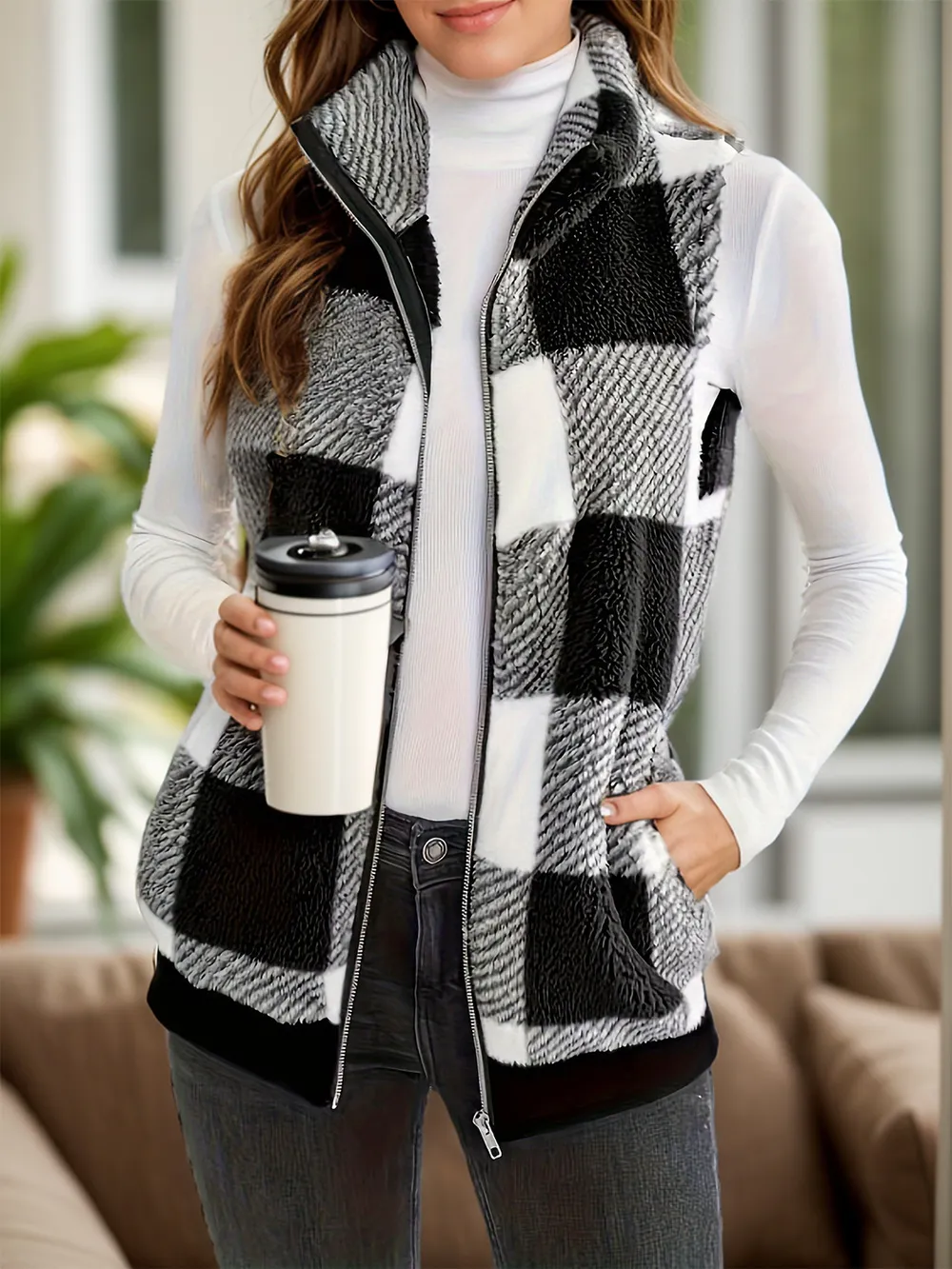 Pocketed Plaid Zip Up Vest Coat, image 3
