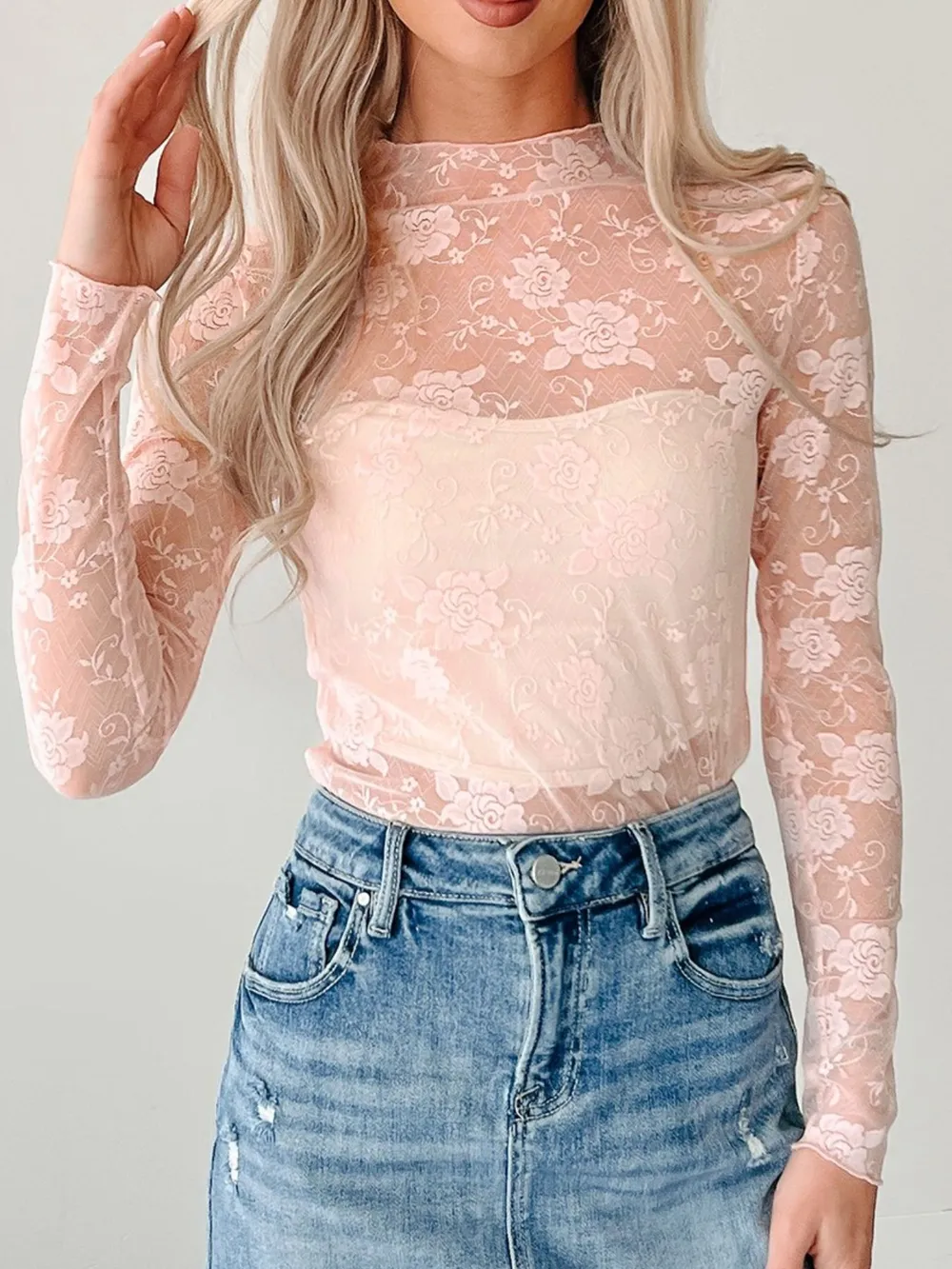 Lace Mock Neck Long Sleeve Blouse, image 10