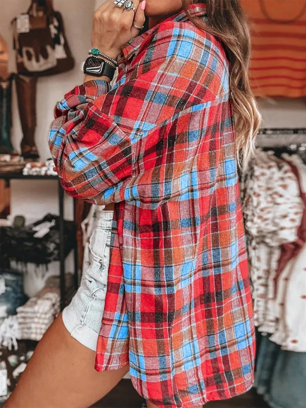 Plaid Collared Neck Long Sleeve Shirt, image 8